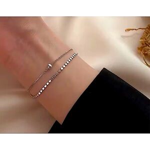 NEW Sterling Silver Double Layer Bracelet Beaded Chain Adjustable Dainty Jewelry